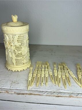 Cocktail Forks in Intricate Holder Agiftcorp Hong Kong 1978 celluloid Plastic